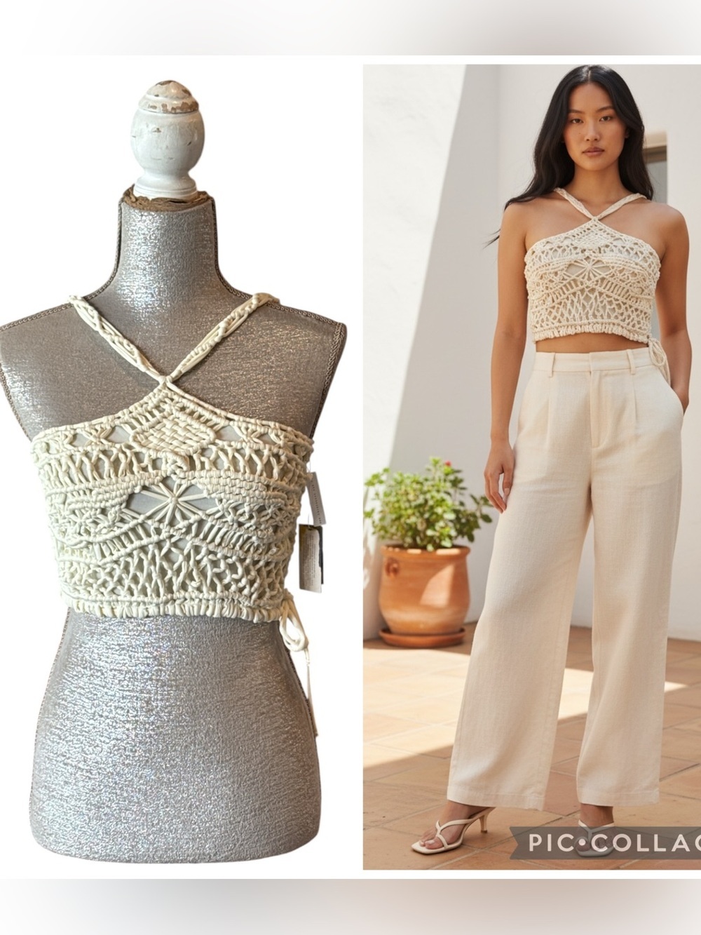 Entreguas Handmade Macramé Crochet Crop Top Ivory Wearable Art Size S NWT